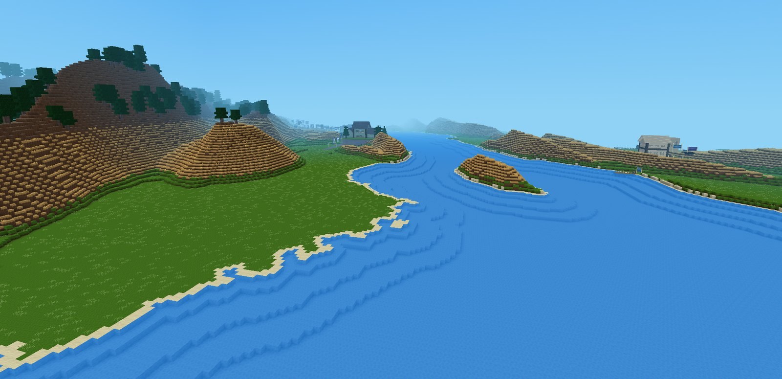 A lakeshore with hills and a small island, in the Klamath Basin Craft World test build